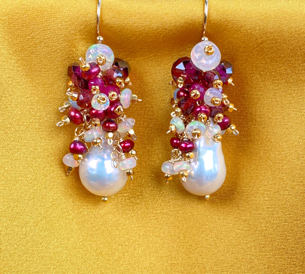 Baroque Pearl Earrings with Rubies, Red Opal and Fiery AAA Ethiopian Opals