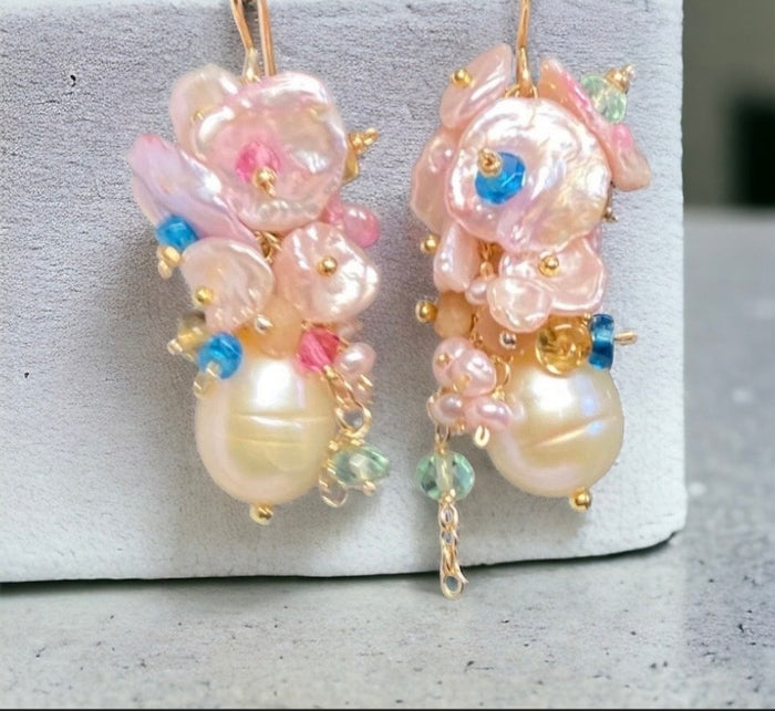 Pink Pearl Cluster Earrings with Blush Keishi Pearls