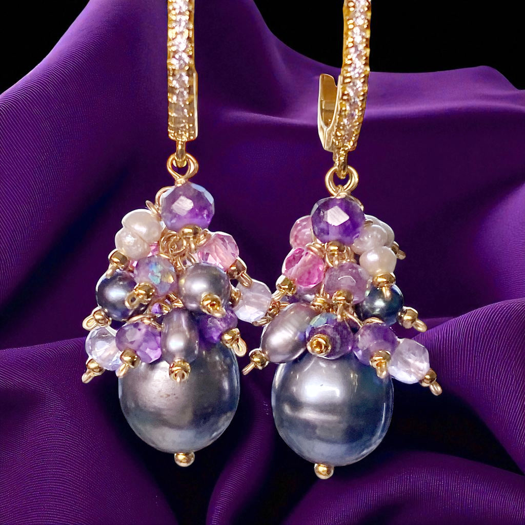 Black Peacock Pearl Earrings Amethyst and Pink Gemstone Clusters Gold Fill