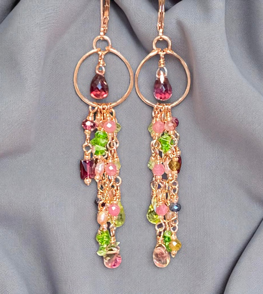 Rubellite Tourmaline Multicolor Gemstone Long Boho Dangle Earrings Rose Gold