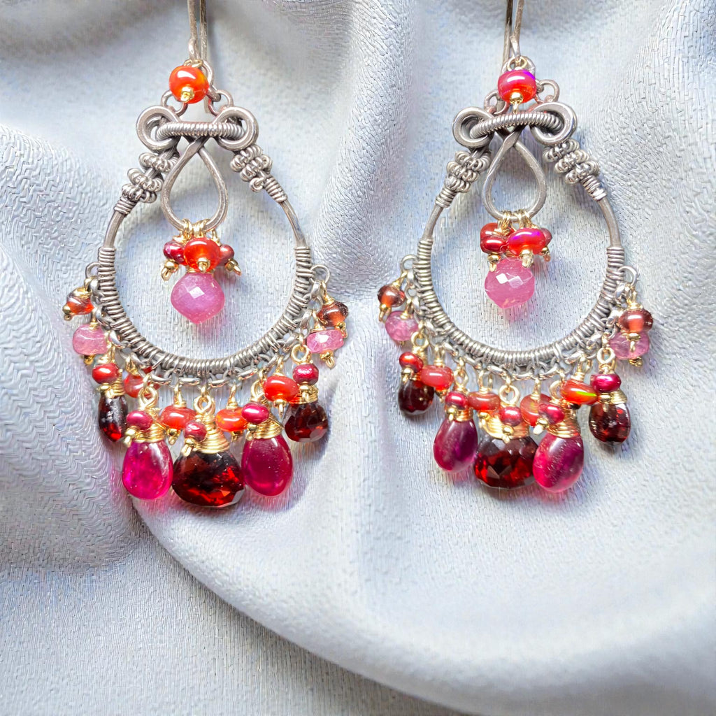 Red Garnet Mixed Metal Chandelier Hoop Earrings - Red Opals, Pink Sapphire Sterling Silver Gold Fill