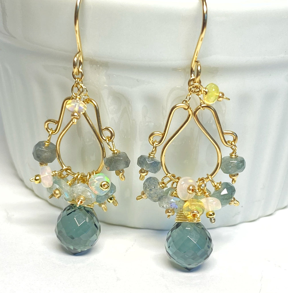 Opal and Aquamarine Chandelier Earrings, Gold Fill - Doolittle