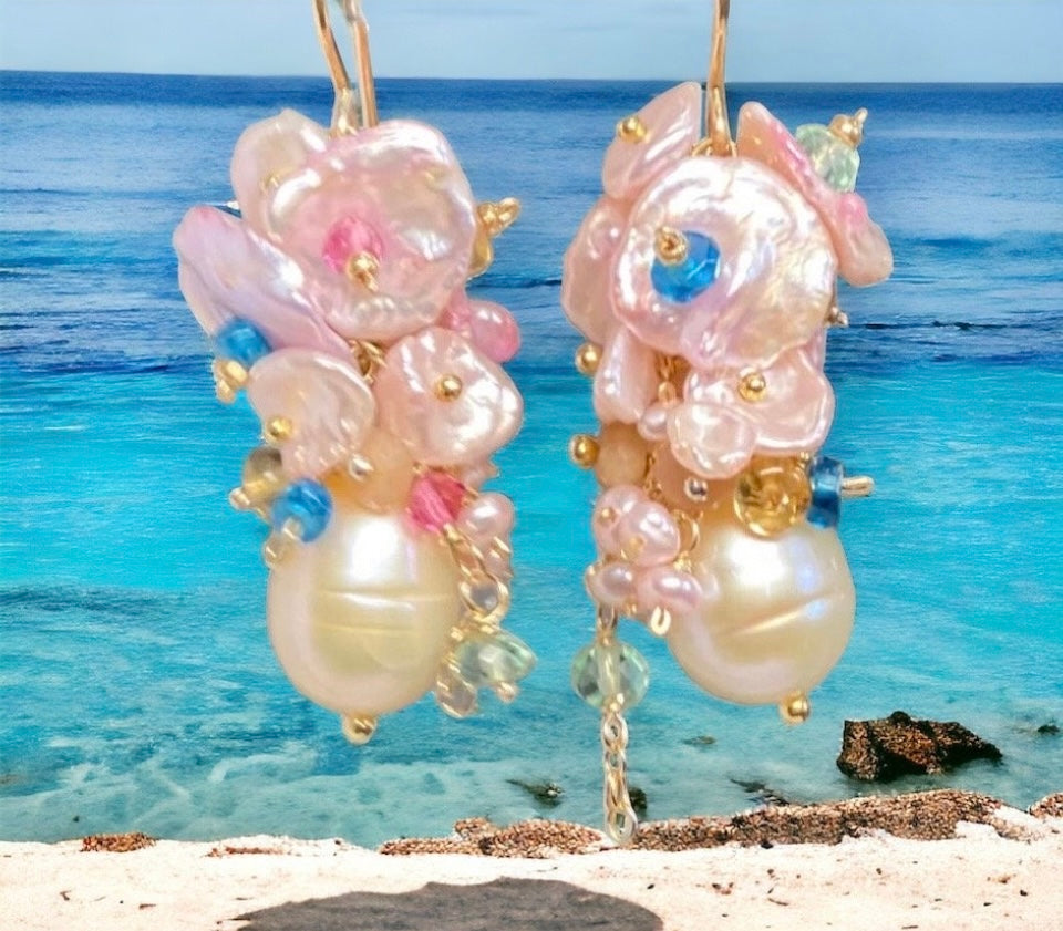 Pink Pearl Cluster Earrings with Blush Keishi Pearls