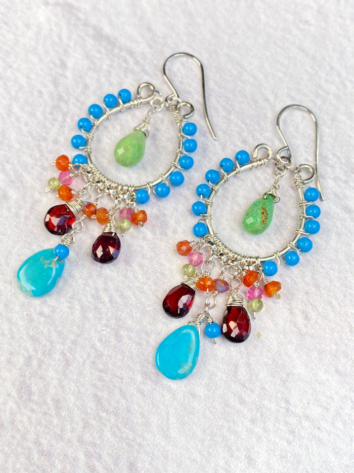 Turquoise & Garnet Chandelier Earrings Sterling Silver - Doolittle