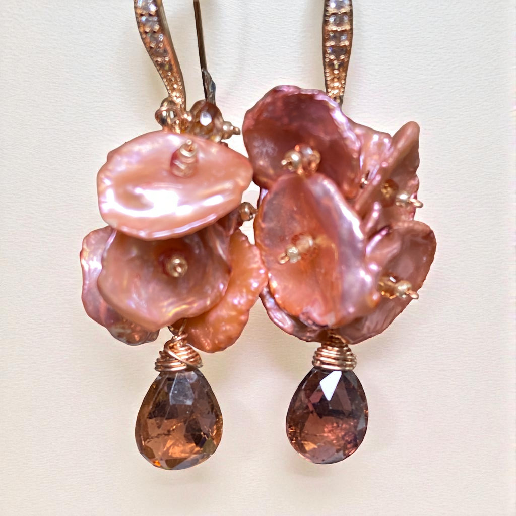 Tourmaline, Sapphire and Coral Keishi Pearl Cluster Earrings Rose Gold