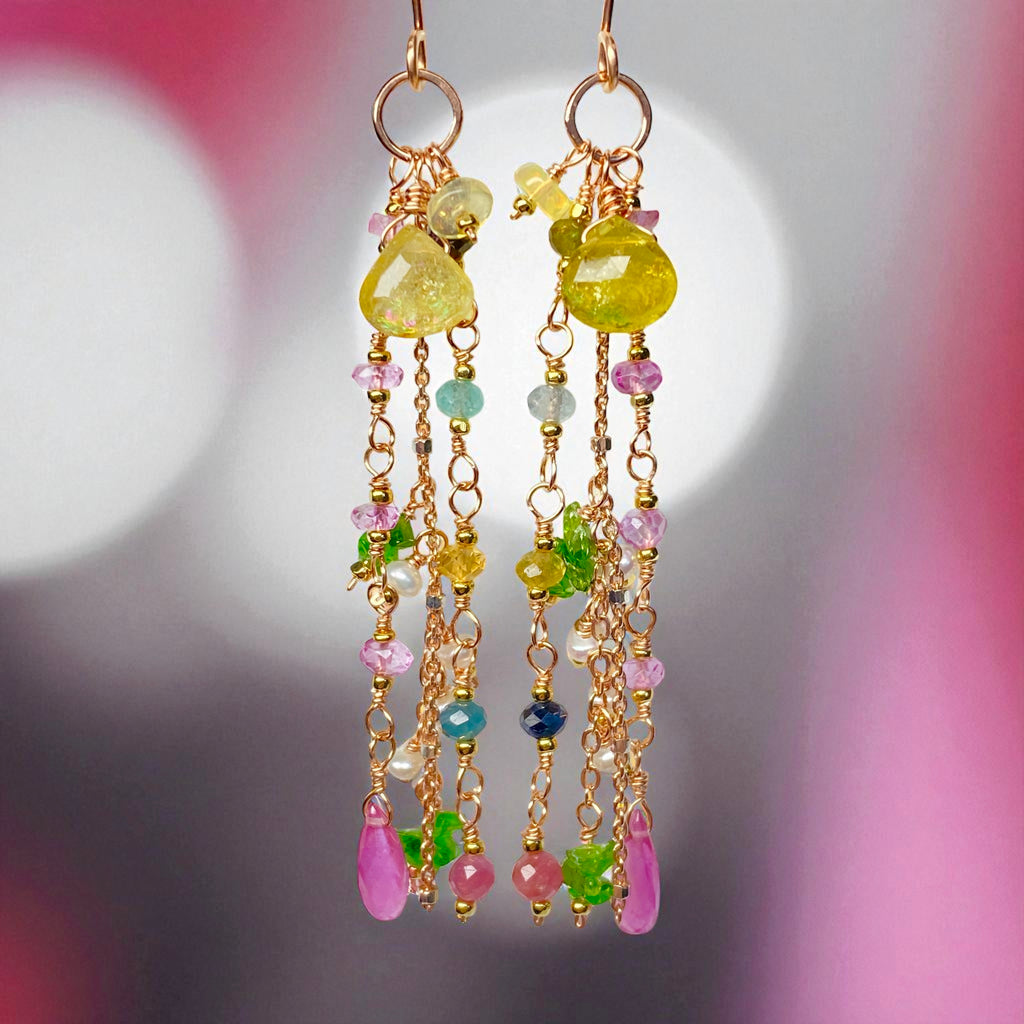 Canary Yellow Tourmaline Long Dangle Earrings Rose Gold Fill