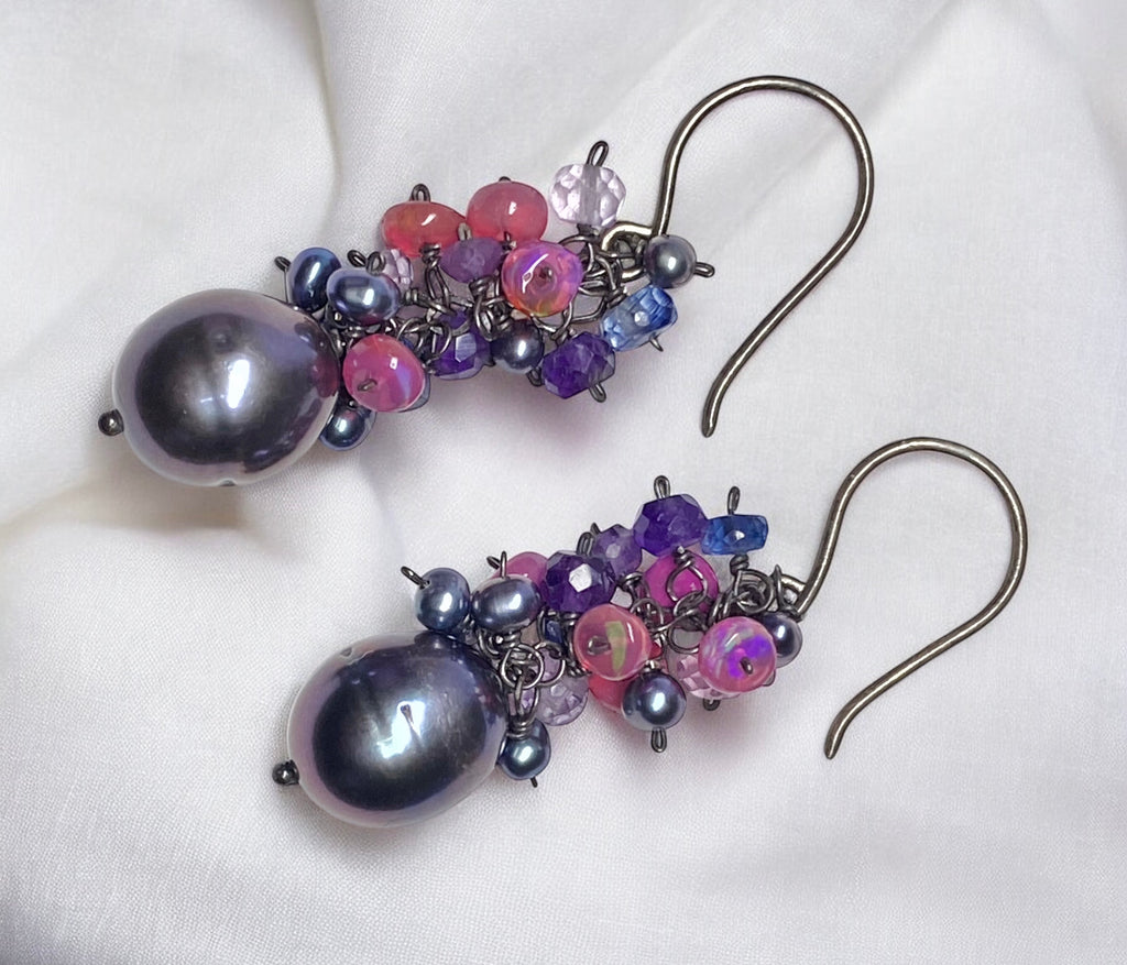 Peacock Pearl Cluster Earrings with Amethyst, Iolite and Pink Opals in Oxidized Sterling Silver