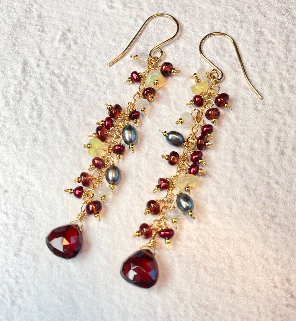 Red Garnet, Cranberry Pearl & Ethiopian Opal Long Dangle Earrings, Gold Fill - Doolittle
