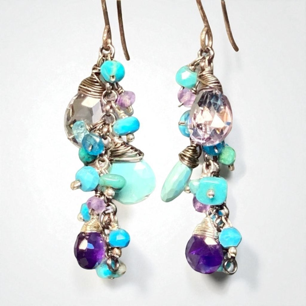 Sleeping Beauty Turquoise Dangle Earrings with Amethyst in Oxidized Sterling Silver
