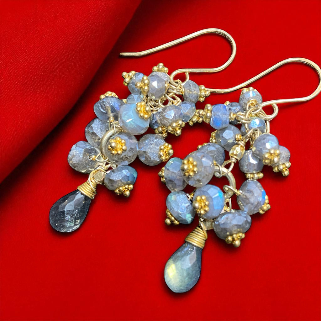 Mystic Labradorite Cluster Earrings Gold Vermeil