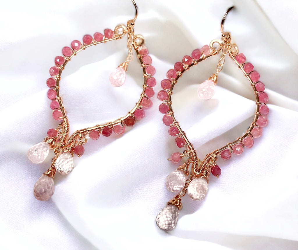 Pink Tourmaline and Morganite Rose Gold Hoop Chandelier Earrings