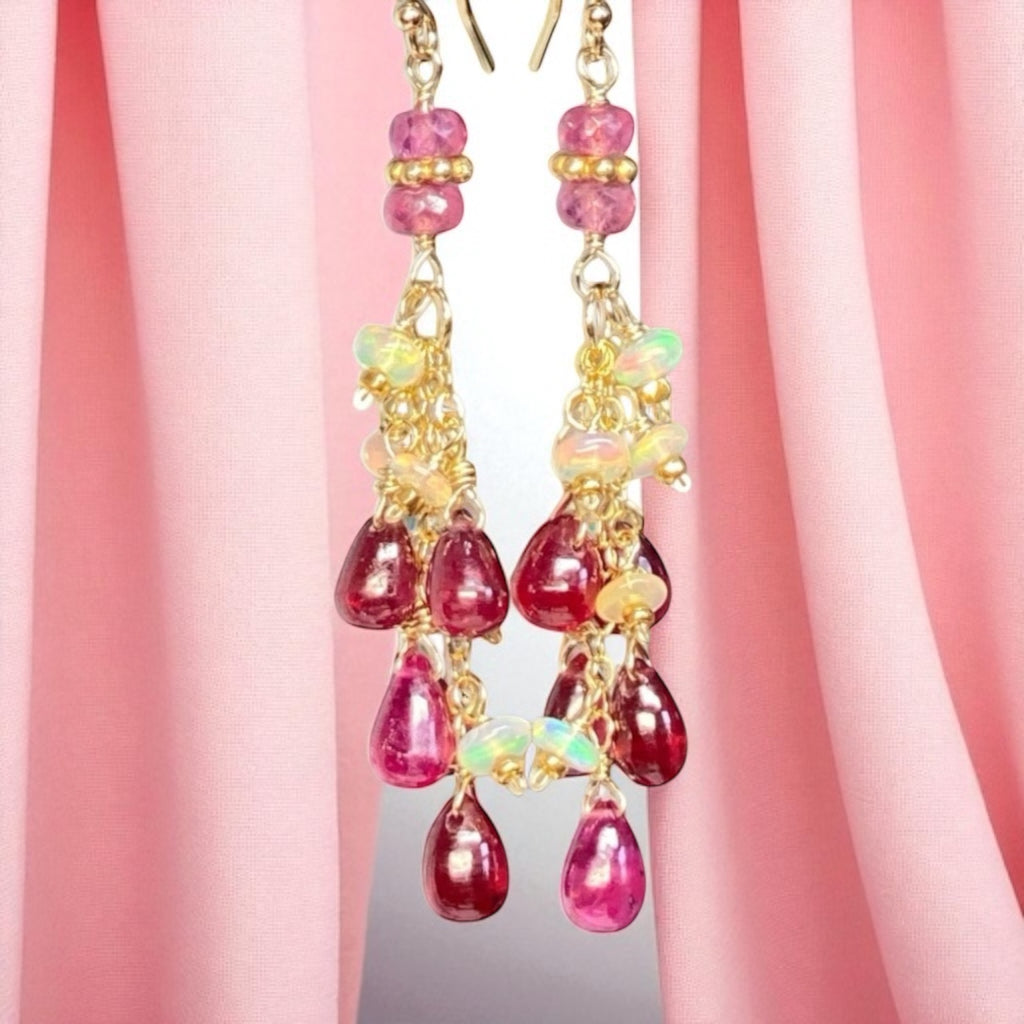 Pink Sapphire and Opal Tassel Earrings, Gold Fill