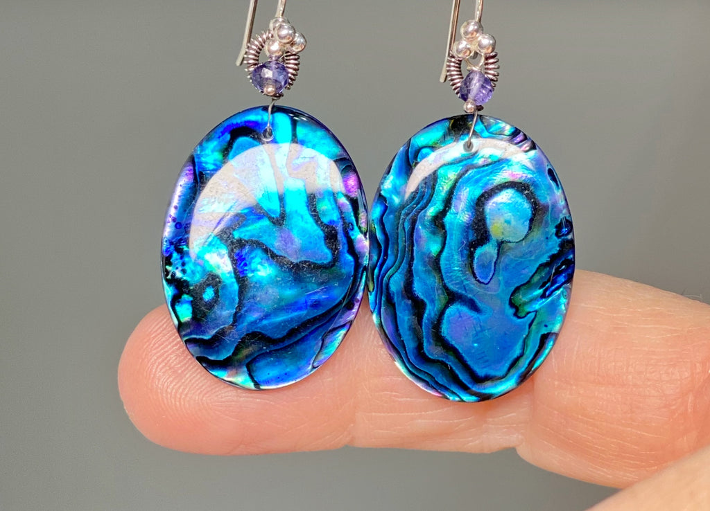 Blue Abalone Statement Dangle Earrings Sterling Silver