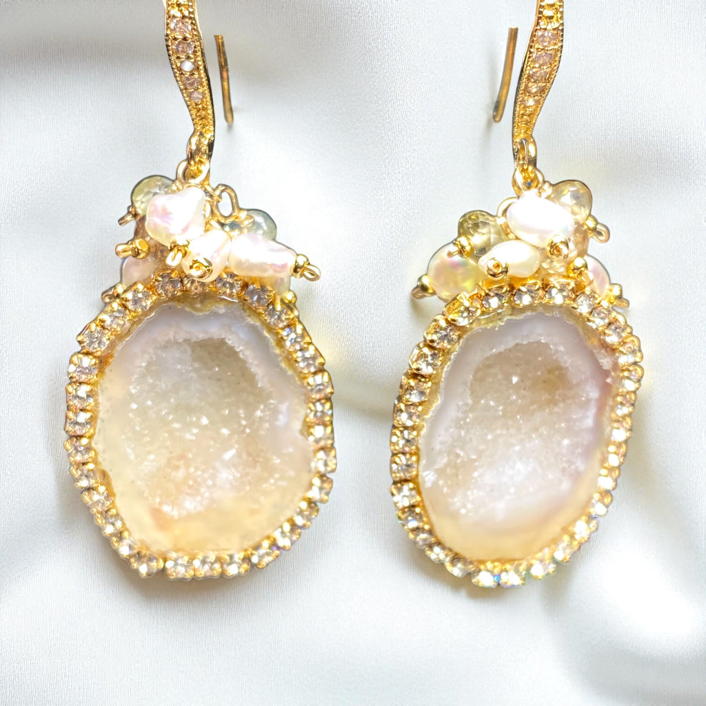 Ivory Tabasco Geode Earrings with Keishi Pearl and Natural Zircon Gem Clusters