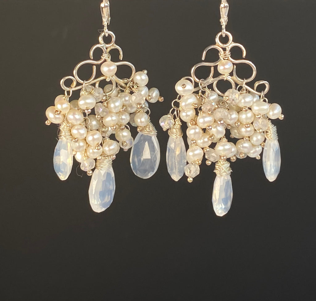 Ivory Pearl & Ice Quartz Chandelier Earrings Sterling Silver - Doolittle
