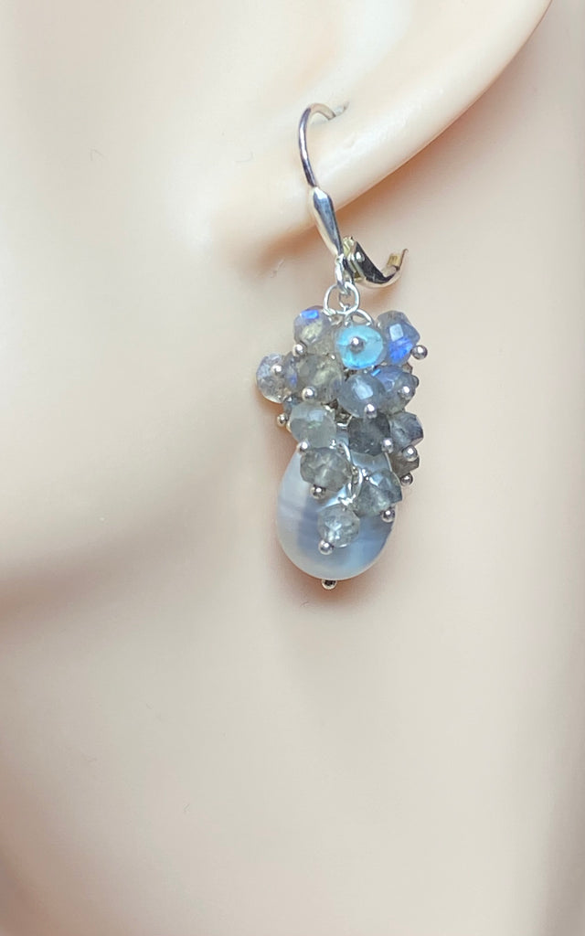Silver Grey Pearl and Labradorite Cluster Earrings Sterling Silver - Doolittle
