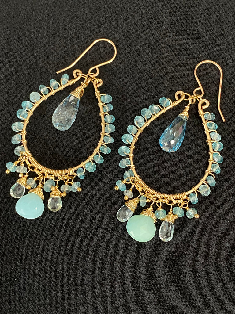 Blue Topaz Gold Fill Hoop Chandelier Earrings with Apatite, Peruvian Opal