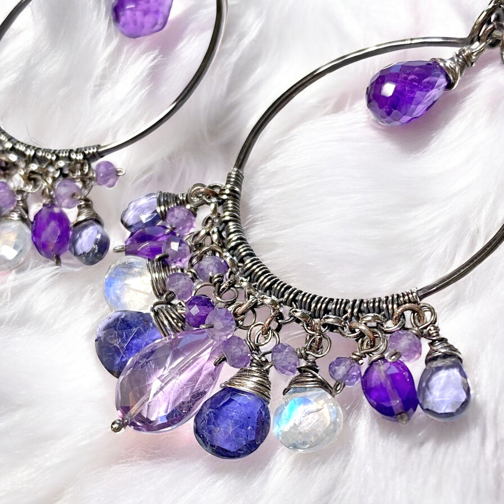 Blue Purple Gemstone Chandelier Hoop Earrings Oxidized Silver 3