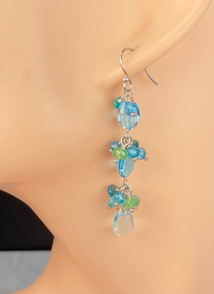 Swiss Blue Topaz & Ethiopian Opal Cluster Earrings, Sterling Silver