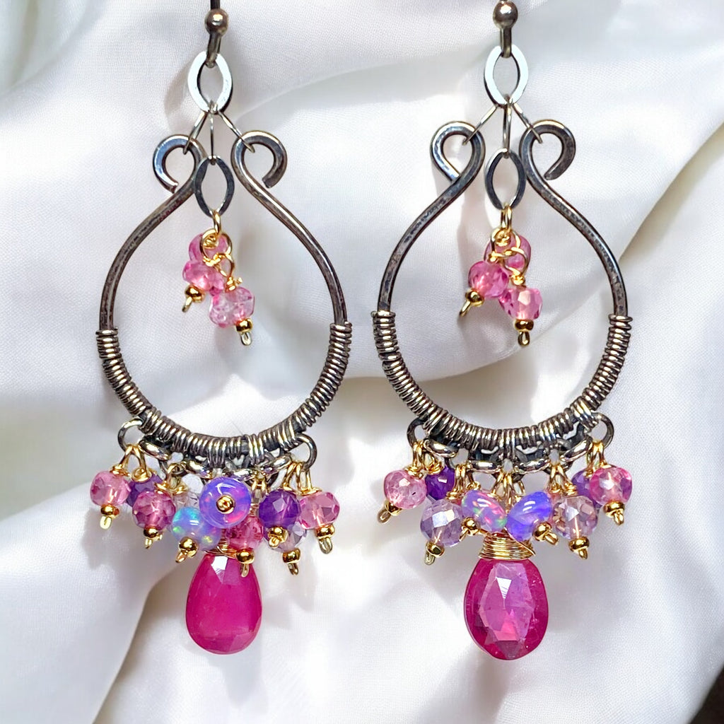 Oxidized Silver Hoop Chandelier Earrings, Pink Sapphire, Mixed Metals 2