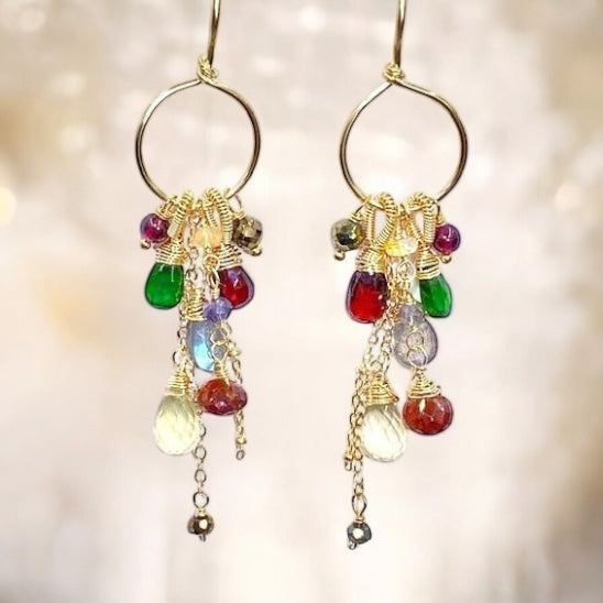 Garnet Colorful Gemstone Gold Hoop Dangle Earrings