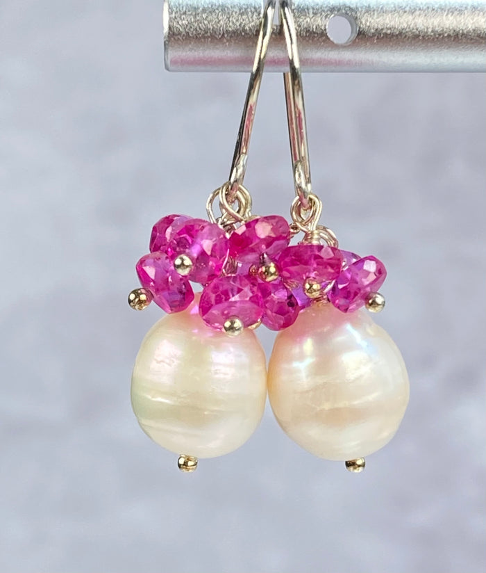 Pearl Cluster Earrings with Fuchsia Pink Sapphires, Sterling Silver - Doolittle