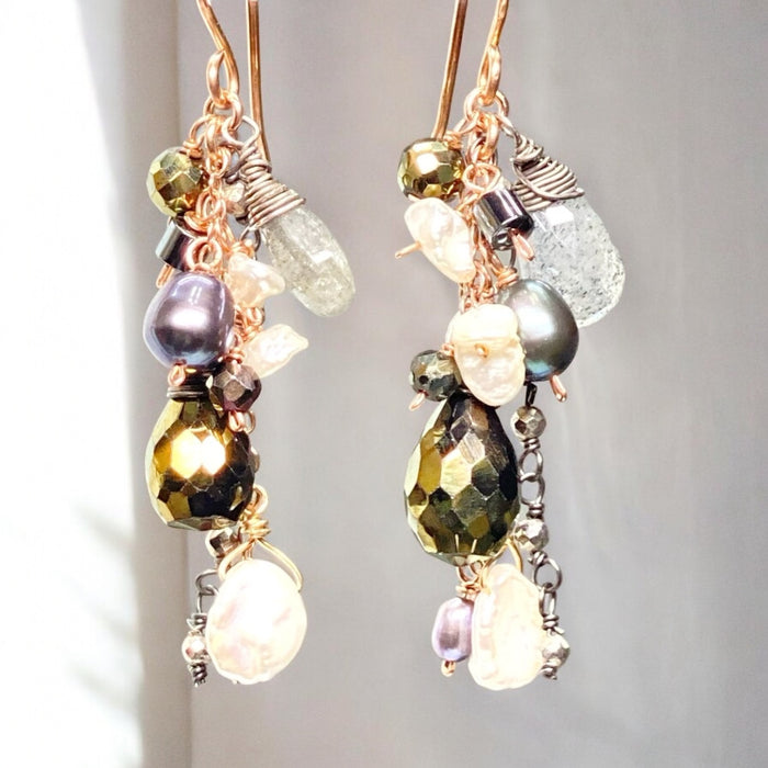 Labradorite Mixed Metal Dangle Earrings Rose Gold Oxidized Silver