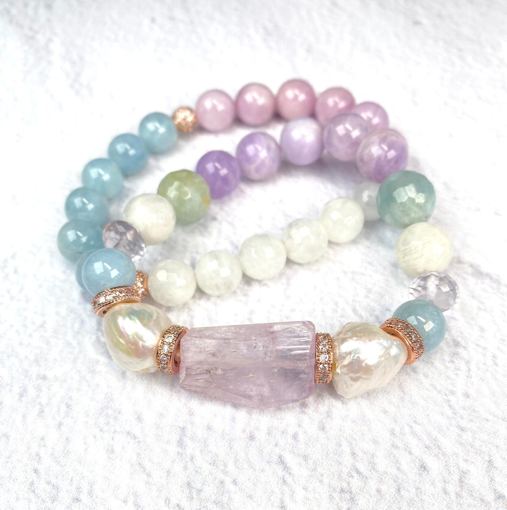 Kunzite, Pearl, Pastel Gemstone Stretch Stacking Bracelet - Doolittle