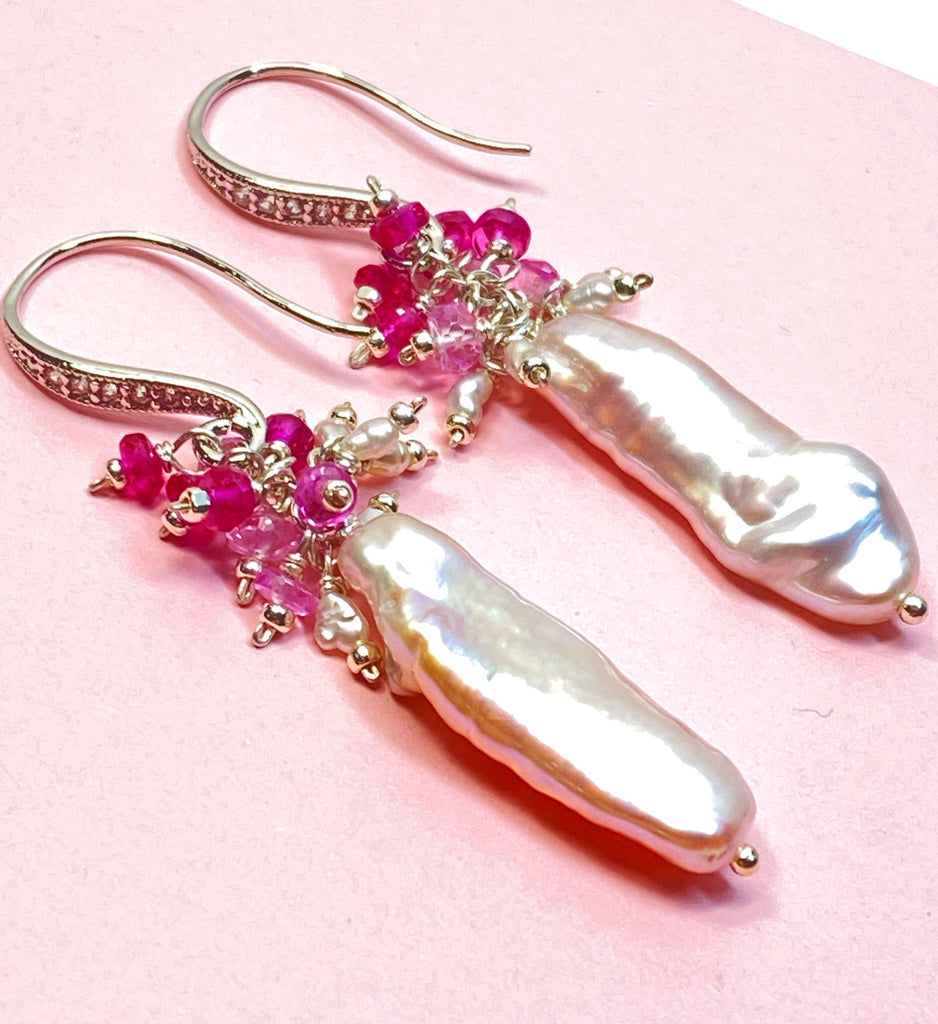 Biwa Pearl Dangle Earrings, Pink Red Ruby Clusters Sterling Silver
