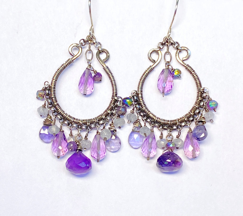 Blue Violet Oxidized Silver Hoop Chandelier Earrings Iolite, Lavender, Purple Amethyst