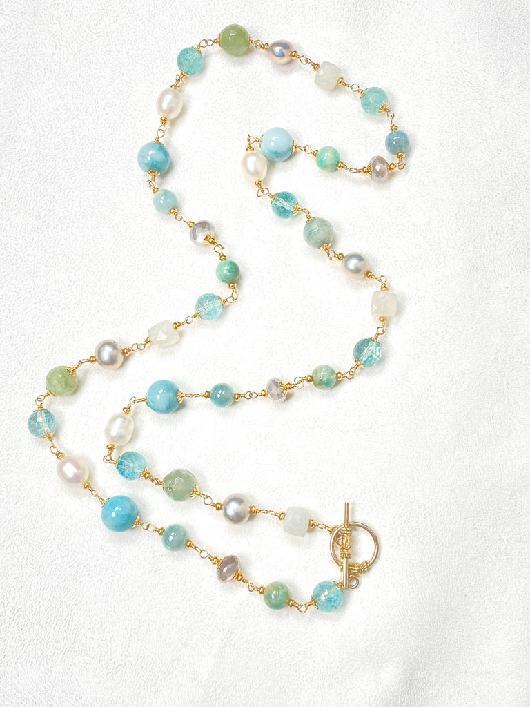 Aquamarine Pearl Long Wire Wrap Necklace Gold Moonstone
