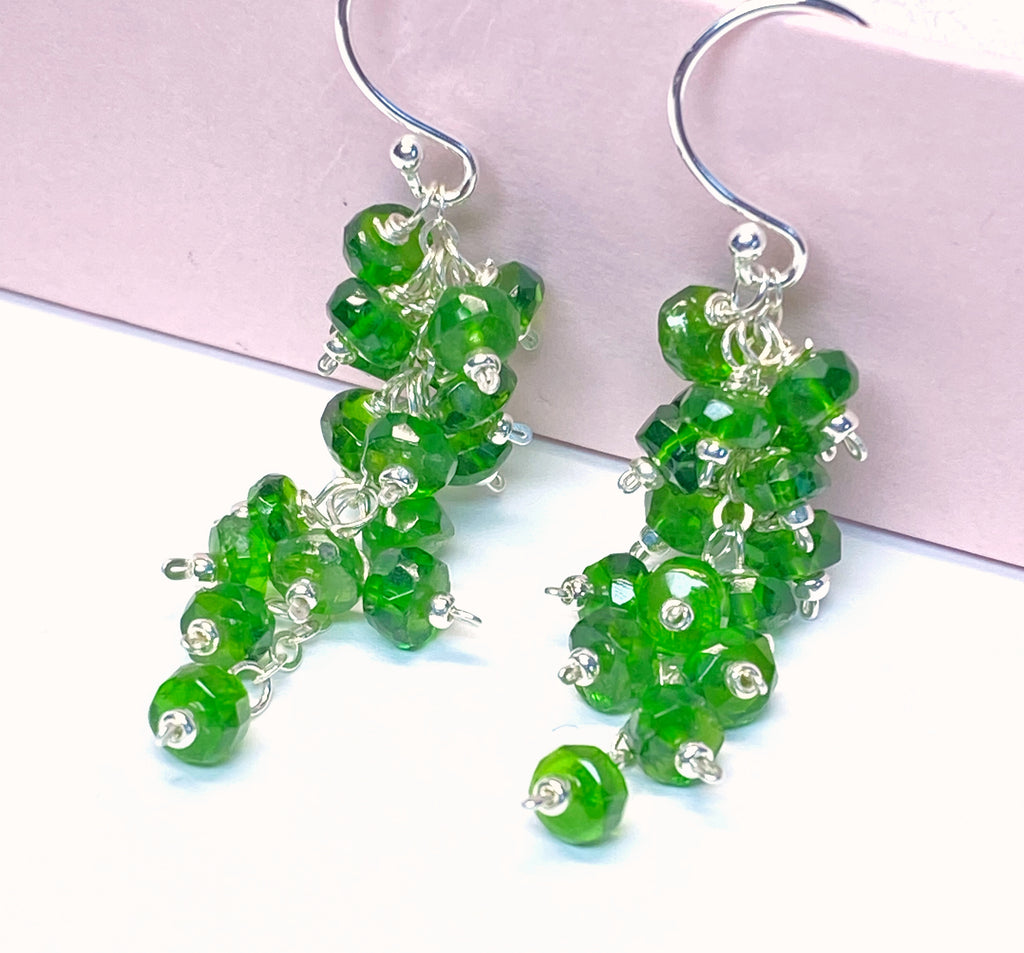 Green Chrome Diopside Gemstone Dangle Cluster Earrings Sterling Silver