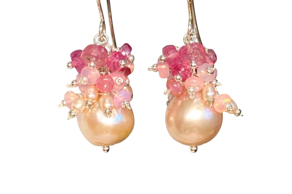 Pink Pearl Earrings with Pink Sapphire and Opal Clusters