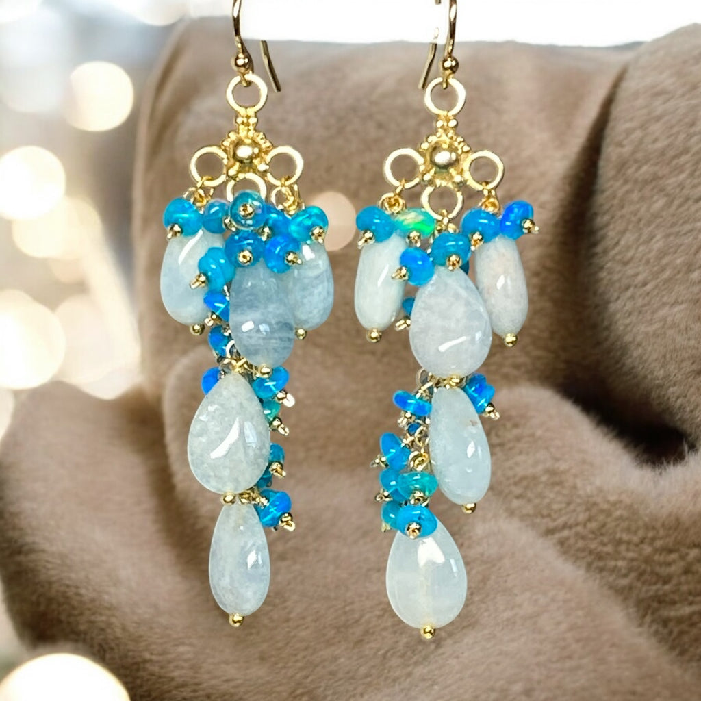 Blue Aquamarine and Teal Blue Opal Long Gem Dangle Chandelier Earrings