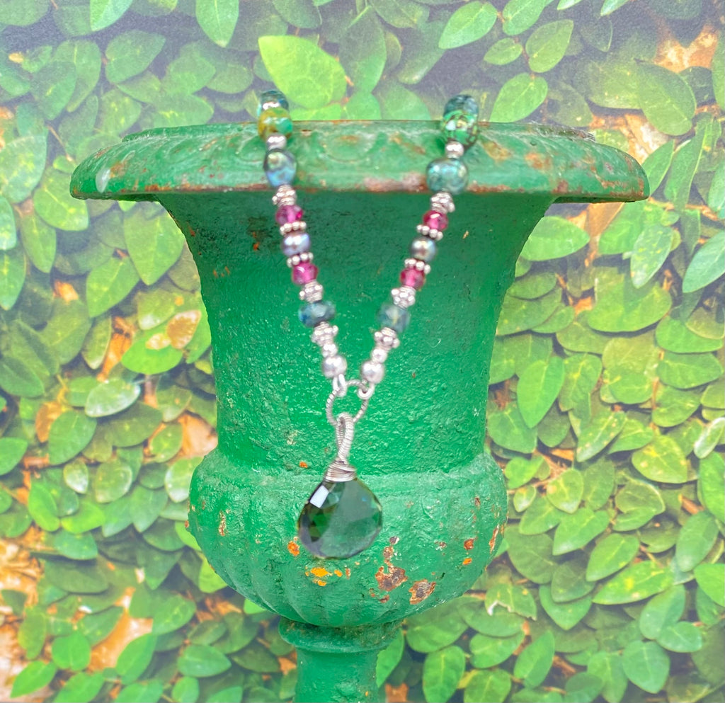 Green Quartz Pendant Necklace: Garnet, Turquoise, Pearl, Moonstone Sterling Silver