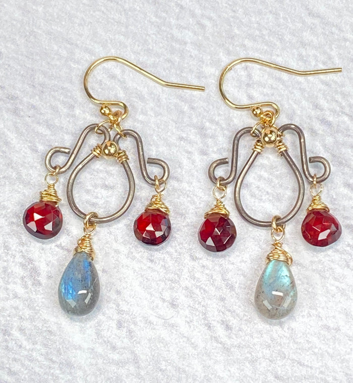 Red Garnet Heart & Labradorite Chandelier Earrings, Oxidized Silver & Gold Fill