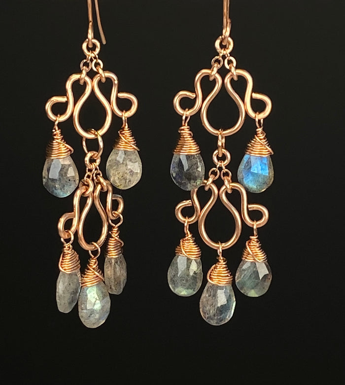 Double-tier rose gold-filled chandelier earrings against black, with five faceted labradorite drops on each earring and flashes of blue and green.