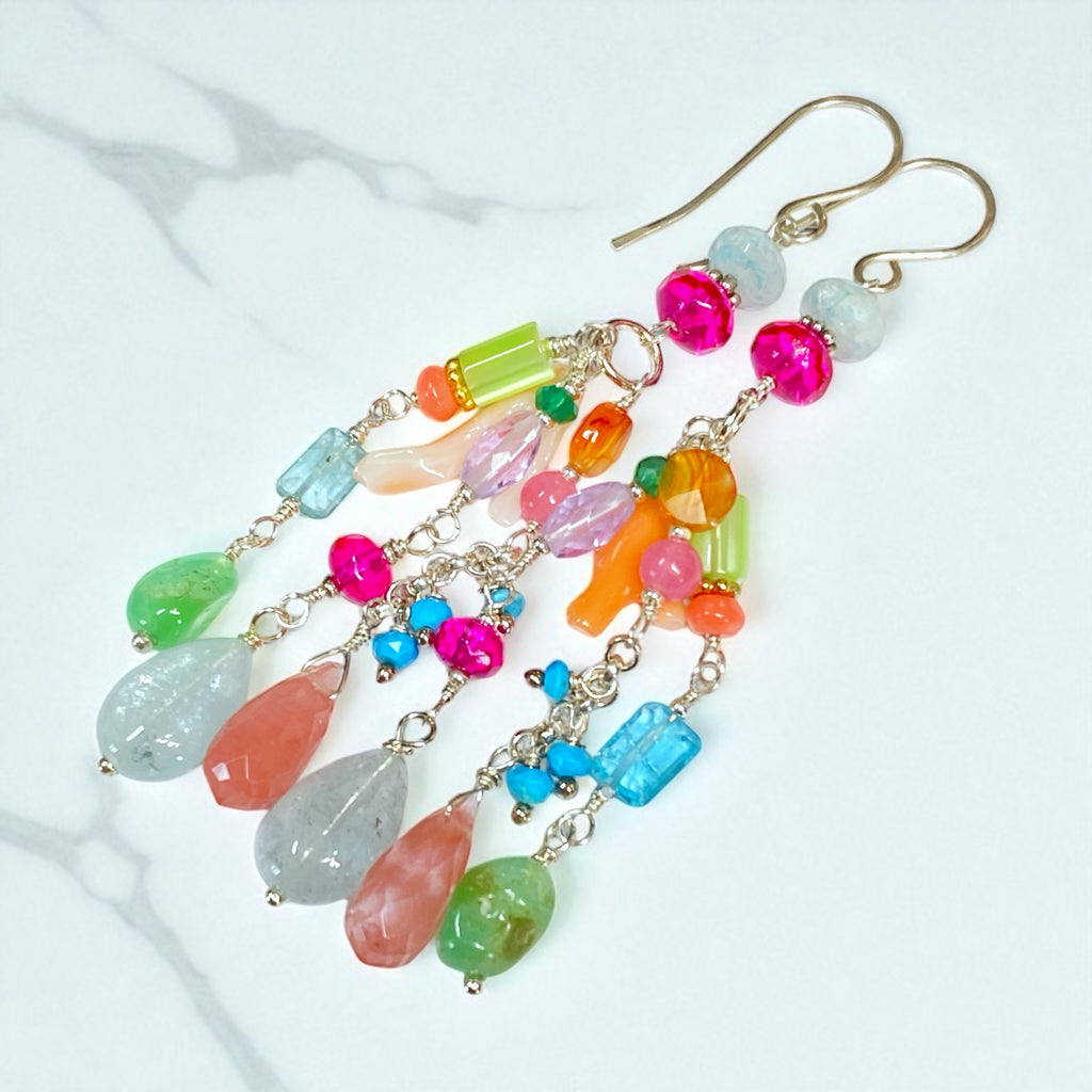 Multicolor Gemstone Dangle Earrings Sterling Silver - Aquamarine, Chrysoprase - Doolittle