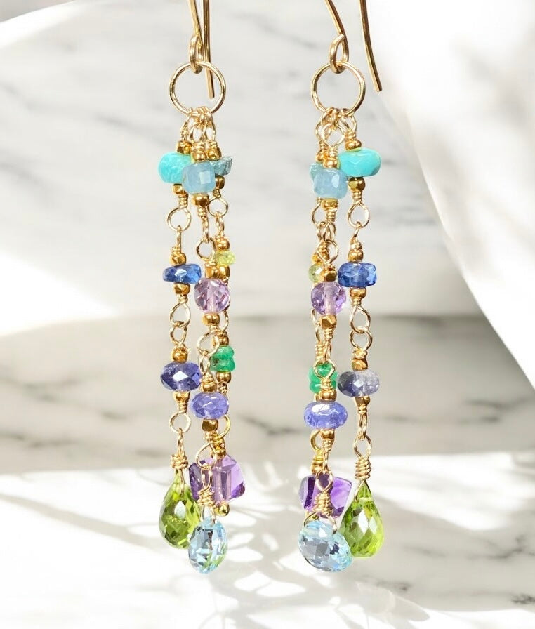 Peridot, Blue Topaz, Amethyst, Multi Gemstone Dangle Earrings