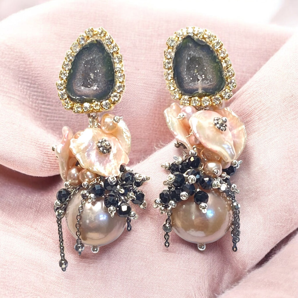 Pink Edison Pearl Cluster Earrings with Keishi and Black Geodes