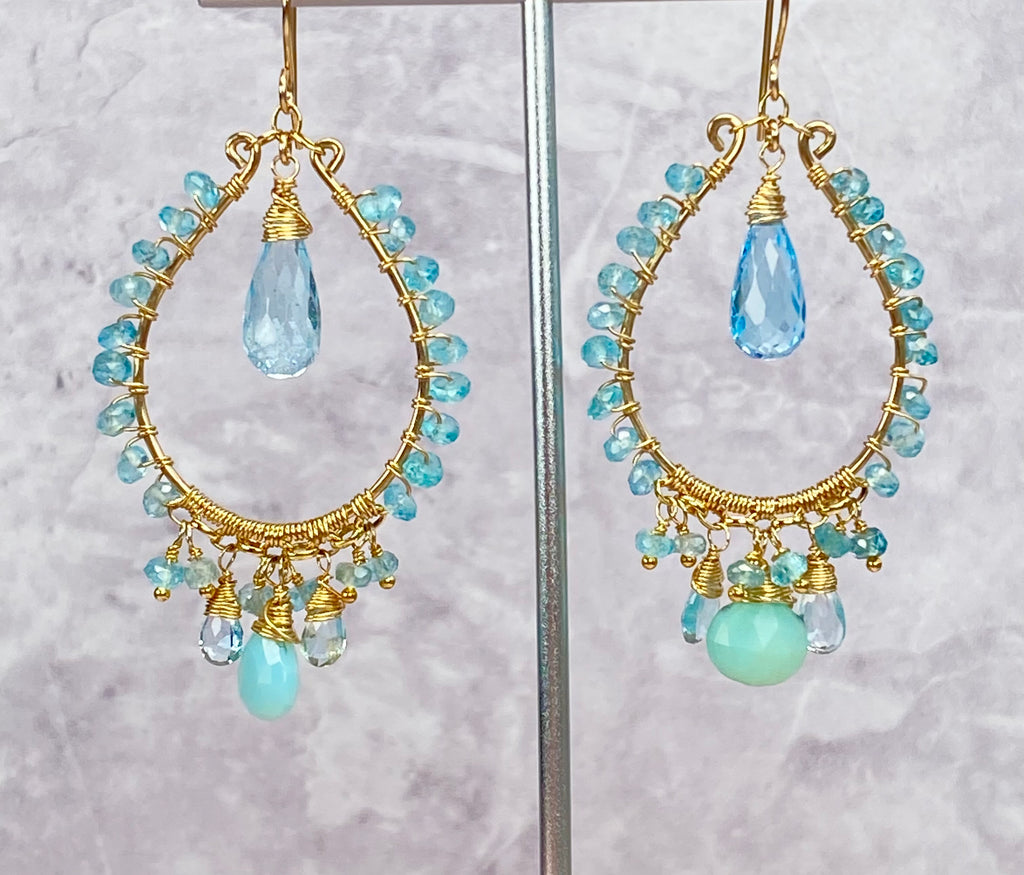 Blue Topaz Gold Fill Hoop Chandelier Earrings with Apatite, Peruvian Opal