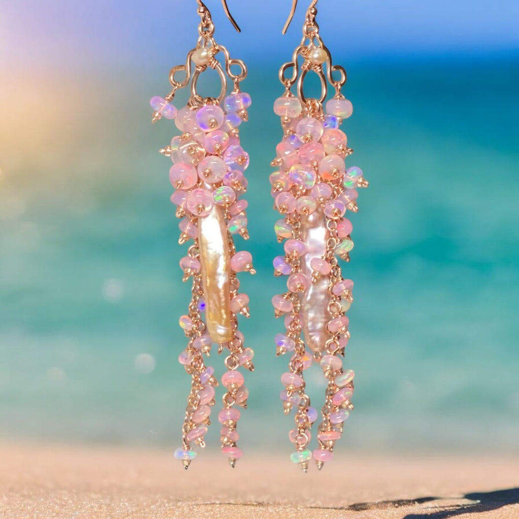 Blush Biwa Pearl Earrings Long Baby Pink Opal Clusters Rose Gold 2