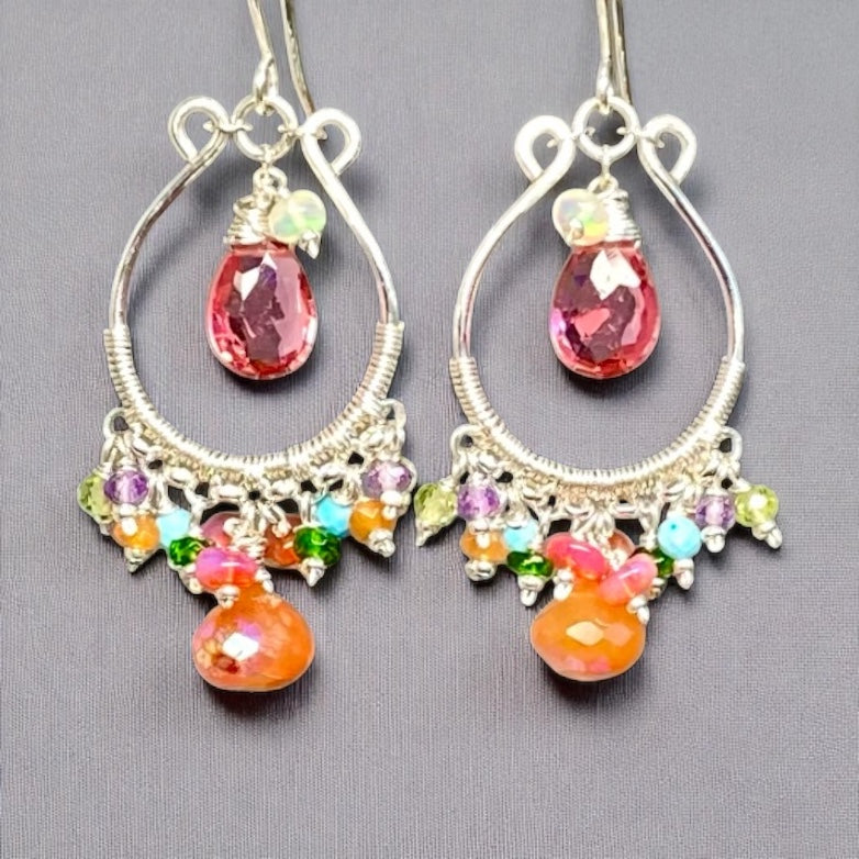 Pink, Orange, Multi Gemstone Sterling Silver Hoop Chandelier Earrings
