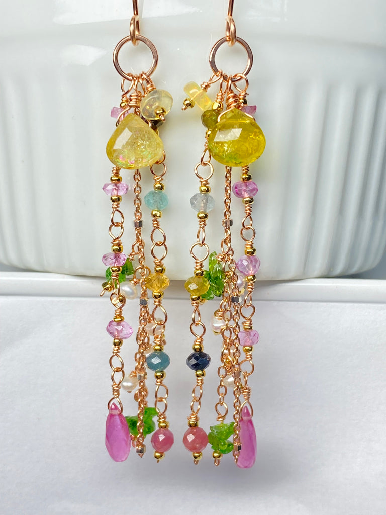 Canary Yellow Tourmaline Long Dangle Earrings Rose Gold Fill