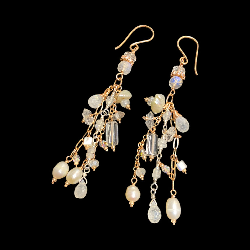Rose Gold Long Boho Mystic Quartz, Pearl & Moonstone Dangle Earrings