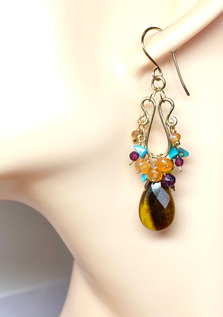 Tiger Eye Multicolor Gemstone Gold Chandelier Earring