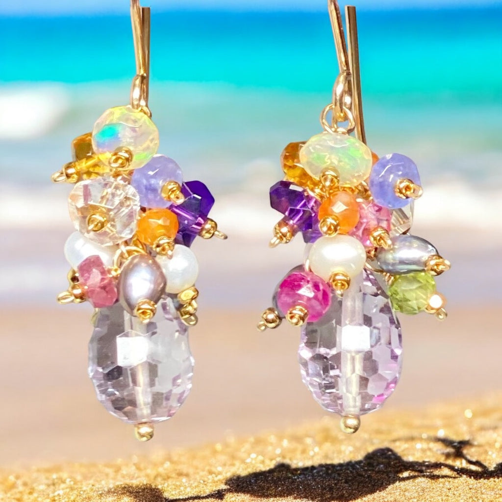 PInk Amethyst Multi Gemstone Cluster Dangle Earrings