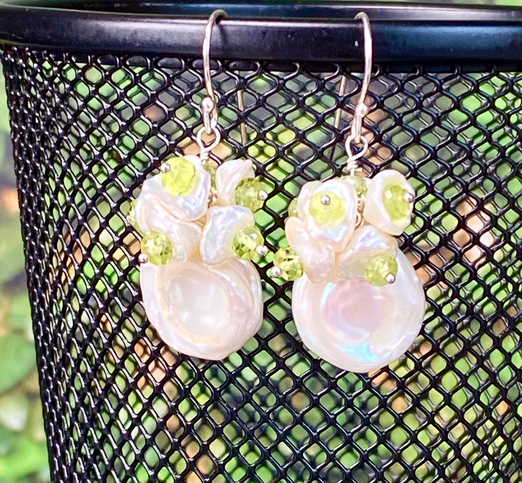 Keishi Pearl and Peridot Gemstone Cluster Earrings