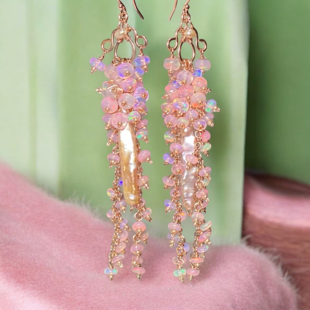 Blush Biwa Pearl Earrings Long Baby Pink Opal Clusters Rose Gold 2