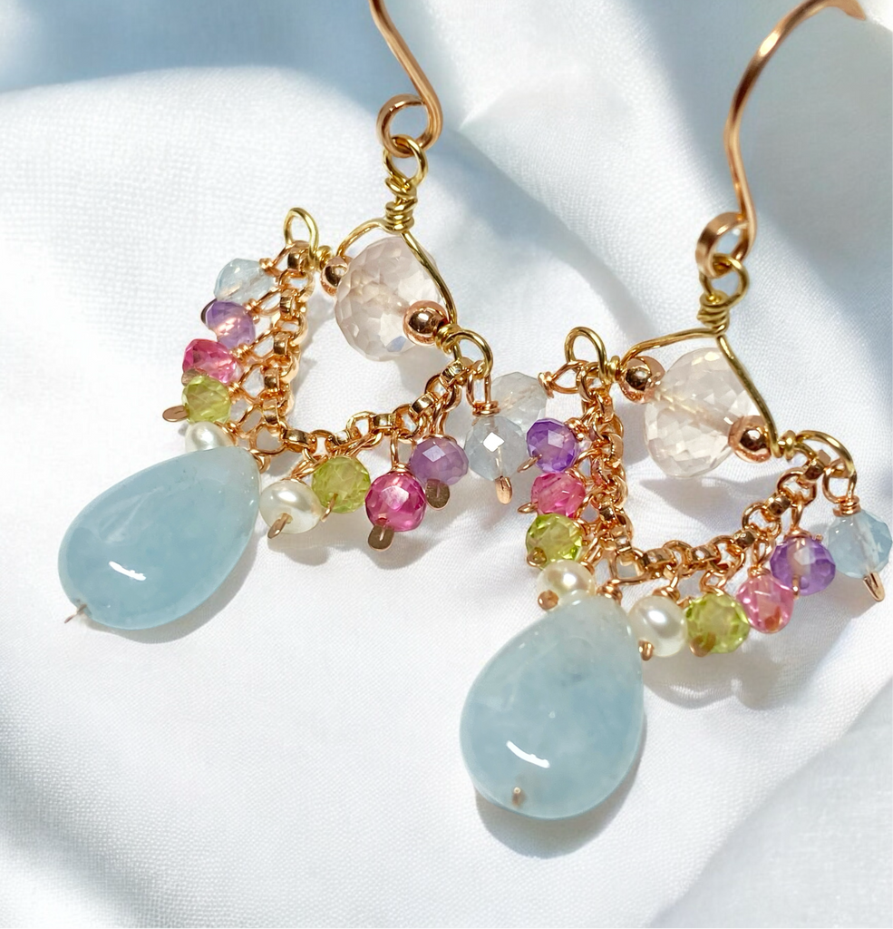 Blue Aquamarine, Rose Quartz, Rose Gold Petite Chandelier Earrings